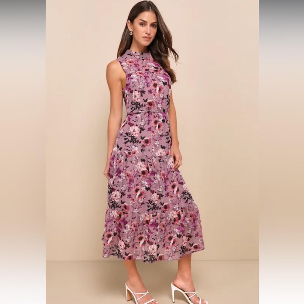 Lulus In My Dreams Mauve Floral Print Midi Dress High Neck A Line Size XL - Picture 2 of 6